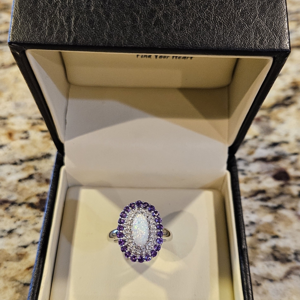 Elegant Silver and Purple Gemstone Ring (Size 8)